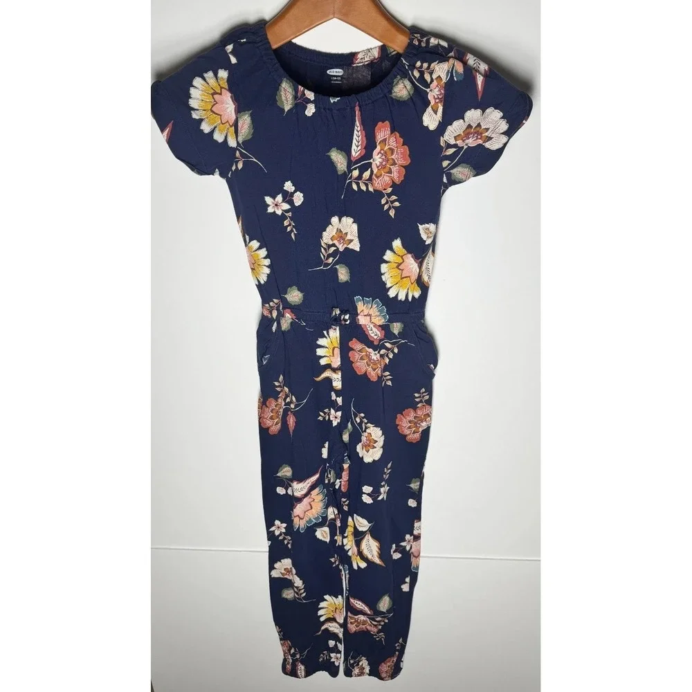 Old Navy Jumpsuit Girls L 10-12 Blue Floral‎ Relaxed Fit Straight Leg Romper